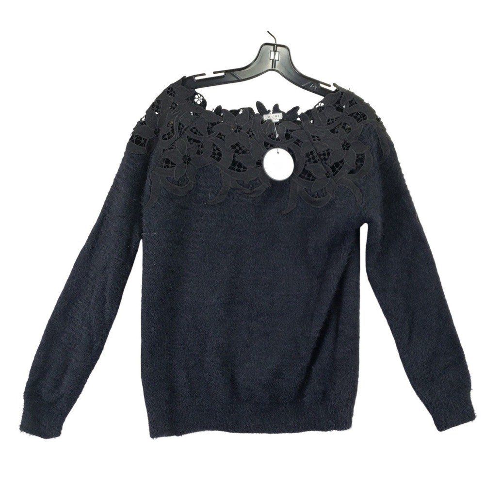 En Creme EW30853BN Sweater Womens S/M Black Floral Lace Yoke Fuzzy Romantic